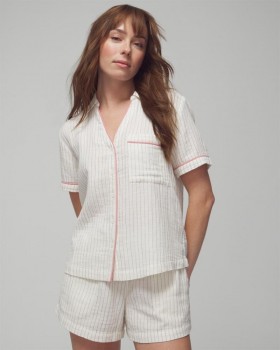 Cotton Gauze Short-Sleeve Notch Collar Dbl Cloth Bw Stripe | Women Soma Pajama Tops