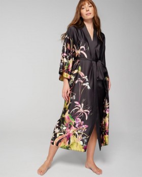 Satin Long Robe Botanica Placement Black | Women Soma Lingerie