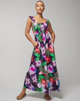 Vestido longo com mangas bufantes e babados em jersey macio Painted In Paradise G Nvy | Vestidos longos femininos Soma