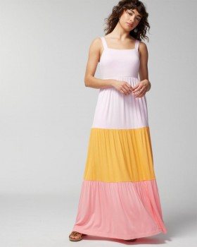  Vestido longo trapézio de jersey macio com sutiã colorblock rosa para festa | Vestidos longos femininos Soma