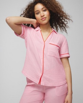  Chemise en gaze de coton à manches courtes et col cranté, tissu double à rayures noires | Ensembles et vêtements assortis Soma pour femme