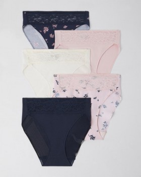  Lot de 5 culottes hautes en coton mélangé à bords échancrés et dentelle | Culottes Soma pour femme